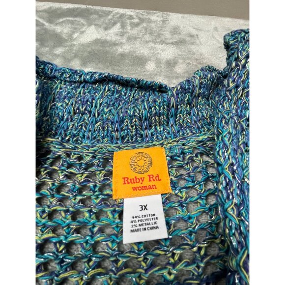 Ruby Rd. Womens 3X Blue Green Open Crochet Knit Cardigan Sweater Plus Size - Picture 3 of 7